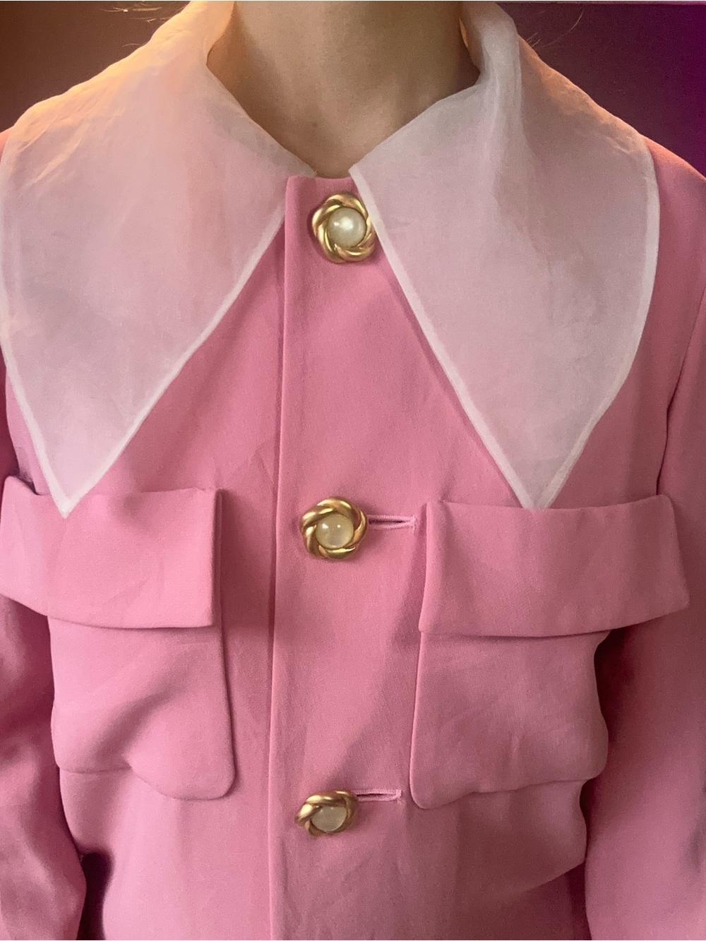 Pink Statement Blazer with White Oversized Collar and Gold Pearl Buttons